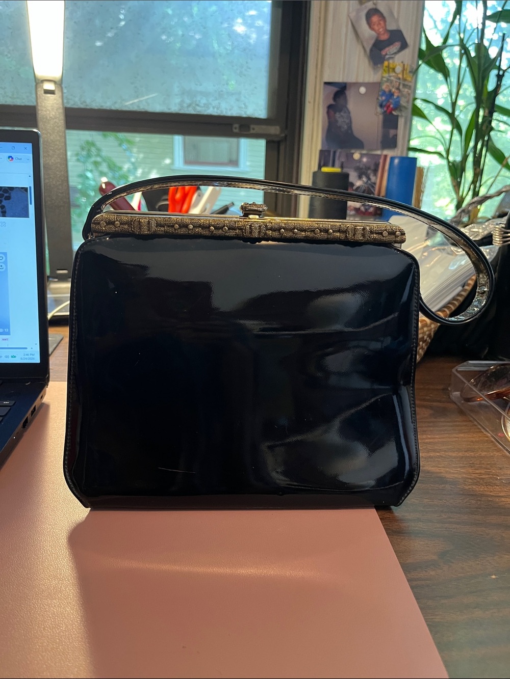 Vintage Theodor Black Patent Frame-Top Shoulder Bag